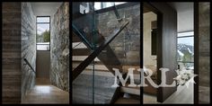 the interior of a modern home with stone walls and wood flooring, along with glass railings