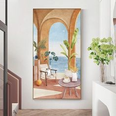 a painting hanging on the wall next to a chair and table in a living room