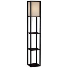 63" high overall. Frame is 10 1/4" square. Shade is 14 1/2" high x 8 1/2" square. Uses one maximum 150 watt standard-medium base light bulb (not included). Pull-chain on-off switch for easy lighting control. Tall shelf floor lamp design. Comes with three built-in shelves on the frame that you can use for decorative display or handy storage. Black walnut finish wood frame. Open look with 3 shelves. Silk fabric, square-sided lamp shade. 8-foot long cord.  The beautiful black walnut open frame design of this floor lamp creates three open shelf spaces for display or storage. A collapsible rectangular natural silk shade creates a soft light. A perfect accent solution where you don't have room for a wide end table.  Bulbs for Style #63347 Lamp With Shelf, Black Walnut Flooring, Classic Shelves, Shelf Floor Lamp, Tall Floor Lamps, Column Floor Lamp, Black Shelves, Floor Lamp With Shelves, Wood Floor Lamp