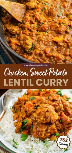 chicken sweet potato lentil curry in a pan with rice