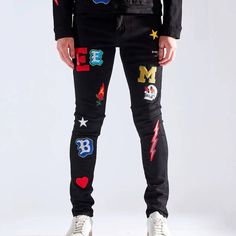 * Embellish Nyc Men's Jean * Embroidered Patches * Skinny Fit * Stretch Fabric * 98% Cotton, 2% Spandex * 34" Inseam * Imported * Mpn Embhol21-2-2 * Msrp $145 Embroidered Black Bottoms For Streetwear, Black Embroidered Bottoms For Streetwear, Embroidered Cotton Jeans For Streetwear, Black Cotton Jeans With Graphic Print, Black Jeans With Letter Print For Streetwear, Black Jeans With Graphic Print For Fall, Casual Black Embroidered Bottoms, Black Graphic Print Jeans For Spring, Black Embroidered Cotton Bottoms