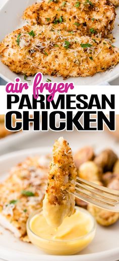 chicken parmesan is being lifted from a white plate with sauce on it and the words air fryer parmesan chicken