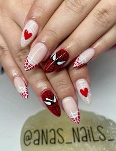 Cute❤️ Spiderman Nails Almond Shape, Marvel Theme Nails, Spiderman Nails Almond, Ghost Spider Nails, Marvel Acrylic Nails, Spider Man Nail Art, Spiderman Acrylic Nails, Spiderman Nail Art