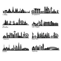 black and white city skylines with the names of all major cities in each country