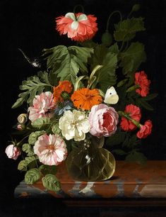 a painting of flowers in a vase on a table