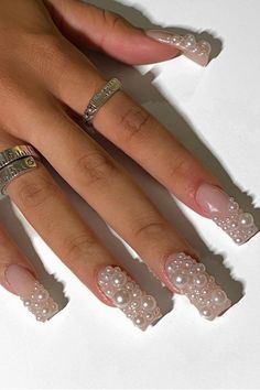 Acrylic Nails With Pearls, Pearl Nail Art, Pearl Nail, Square Nail Designs, Nail Jewels, Aesthetic Nails, Wedding Nail, Nail Colours, Pearl Nails