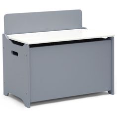 a gray toy box with a white top and bottom shelf on the right side, against a white background