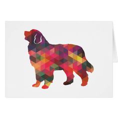 a card with a dog made up of colorful geometric shapes on the front and back