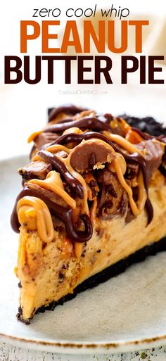 a piece of peanut butter pie on a white plate with chocolate drizzles