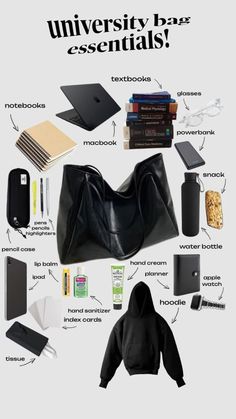 the contents of a black purse are shown in this graphic above it's description