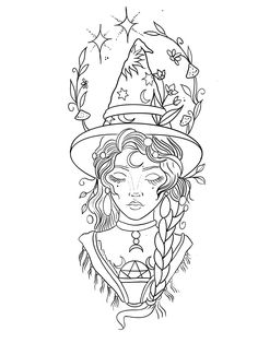 a drawing of a woman wearing a witches hat