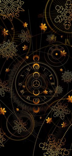 an abstract background with gold flowers and circles in the center, on a black background