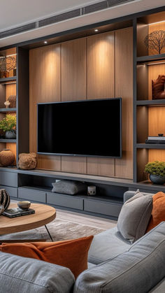 Modern Elegance: Trendy TV Stand Decor Ideas for Stylish Living Rooms Ideas For Tv Stand, Decorating Around A Tv, Neighborhood Design, Tv Stand Decor Ideas, Ruang Tv, Feature Wall Living Room, Living Room Wall Units, Tv Stand Decor, Wall Tv Unit Design