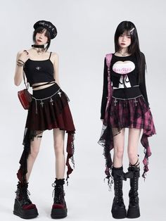 Punk Skirt, Girls Streetwear, Fashion Corset, Pink Music, Punk Dress, Check Skirt, Goth Clothing, Music Festival Outfits, Kawaii Dress