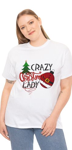 Funny Sarcastic Christmas T Shirt, Crazy Christmas Lady T Shirt Tshirt, Adorable Holiday Lover Apparel, Hilarious Saying Tee, Cute Matching Shirts, Fun Unique Gift For Her. This is a fun shirt for the Holiday Season. I have this design on a Sweatshirt as well. I have many other Christmas and Holiday shirts listed. If you are interested please view my other items. We use Gildan shirts for quality and comfort. Please see photos for details.  Thanks for looking. The unisex heavy cotton tee is the b Funny White T-shirt For Holiday, Funny White Christmas T-shirt, Cute Matching Shirts, Sarcastic Christmas, Fun Shirt, Funny Sarcastic, Unique Gifts For Her, Christmas T Shirt, Holiday Shirts