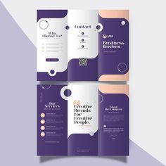 three fold brochure templates with purple and white designs on the front, back and