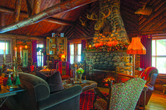 the living room is decorated in rustic style