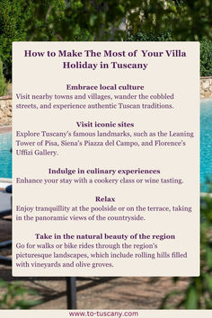 Transform your villa holiday in Tuscany into an unforgettable experience with To Tuscany. Discover handpicked villas in picturesque settings, perfect for exploring the region’s stunning landscapes and historic towns and relaxing under the Tuscan sun. Trust To Tuscany to help you find the ideal retreat where relaxation, quality, and authentic Italian charm come together effortlessly. Click the link to discover our superb collection!