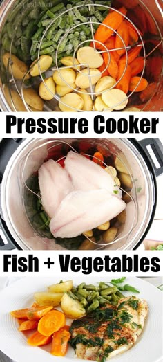 two pictures showing different types of food being cooked in an instant pressure cooker and fish and vegetables