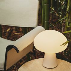 a white table lamp sitting on top of a wooden chair next to a bamboo plant