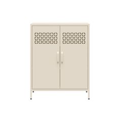 a white cabinet with an intricate design on the front and side doors, it is closed