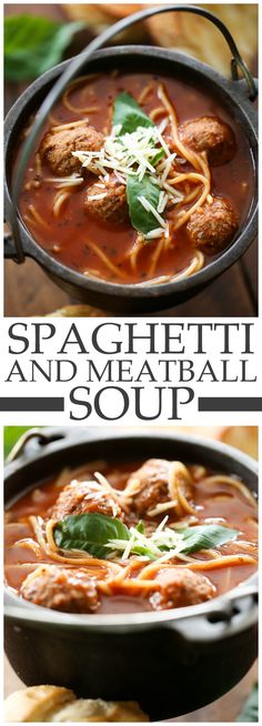 spaghetti and meatball soup in a skillet