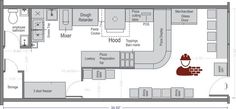 the floor plan for a kitchen with an oven, counter top and seating area in it