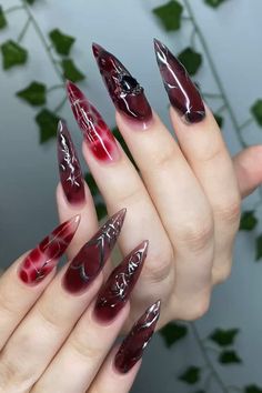 #nails #naildesign тгк: алинс пилит Goth Nails Ideas, Kpop Nail Art, Nails Goth, Acrylic Nails Stiletto, Usa Nails, Witchy Nails, Formal Nails, Anime Nails, Goth Nails