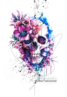 a skull with flowers on it's head and watercolor paint splatters