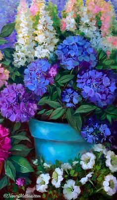 a painting of colorful flowers in a blue vase