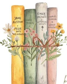 three books are lined up with flowers on the top one is yellow, pink and green