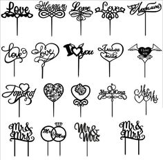 valentine's day cake toppers with the word love and hearts on them in different font