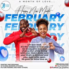 an ad for the month of love featuring two people in red and blue shirts, one holding