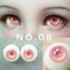 three different pictures of an eye with pink and yellow irises on the bottom, one is