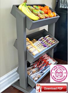 a shelf filled with lots of different types of food on top of a wooden floor