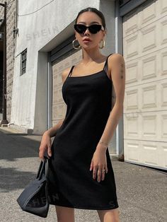 Free Returns ✓ Free Shipping✓. DAZY Ribbed Knit Cami Dress- Women Short Dresses at SHEIN. Estilo Hip Hop, Dress For Short Women, Cami Dress, Black Casual, Women Dresses, Dress P, Korean Girl, Summer Women, Women Clothing