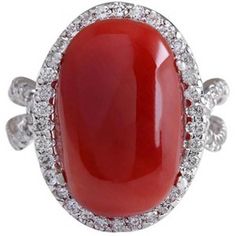 Solitaire With Accent 13.75 Ct Red Coral And Diamonds Ring New Gemstone Ring Coral Stone Ring, Coral Jewellery, Red Coral Jewellery, 14k White Gold Diamond Ring, Yellow Gold Diamond Ring, Coral Stone, Coral Jewelry, White Gold Diamond Rings, Modern Ring