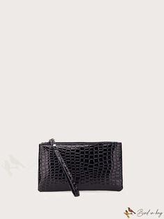 BirdinBag - Croc-Embossed Patent Leather Coin Purse with Zipper - Portable Multifunctional Clutch Wallet Handheld Clutch With Zipper Closure For Formal Occasions, Handheld Clutch With Zipper Closure For Formal Events, Formal Handheld Clutch With Zipper Closure, Black Handheld Wallets With Zipper Closure, Black Handheld Wallet With Zipper Closure, Black Handheld Clutch With Zipper Closure, Evening Pouch Wallet With Zipper Closure, Black Handheld Wallet With Removable Pouch, Black Evening Coin Purse With Zipper Closure