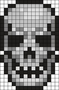 a skull made out of squares in grey and white colors, with the eyes closed