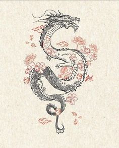 a drawing of a dragon with flowers on it