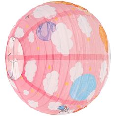 a pink paper ball with clouds and stars on it