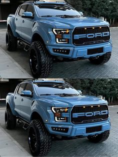 the front and side view of a blue truck