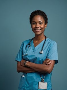 a woman in scrubs is standing with her arms crossed and smiling at the camera