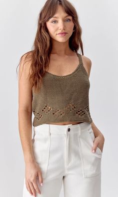 Dixie Crochet Top | Greylin Collection – Greylin Collection | Women's Luxury Fashion Clothing Muted Green, Tops And Blouses, Sweater Jumpsuit, Crochet Crop, Luxury Women Fashion, Crochet Crop Top, Open Knit, Top Women, Knitting Designs