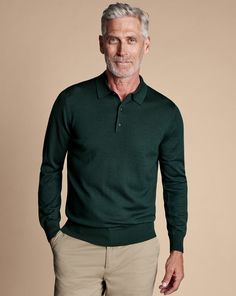 Merino Polo Jumper - Forest Green | Men's Charles Tyrwhitt Merino Polo Shirt Sweater - Forest Green Size Large Wool Green Christmas Outfit Men, Male Christmas Outfit, Green Sweater Outfit Men, Realtor Fits, Green Tshirt Outfit, Emerald Green Outfit, Modest Street Fashion, Beige Hose, Men Styling