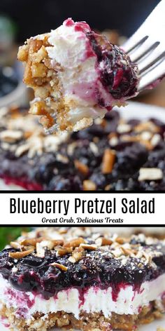 blueberry pretzel salad on a plate with a fork