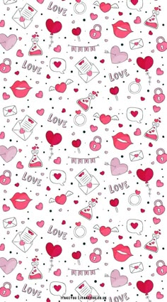 valentine's day wallpaper with hearts, balloons and love letters on white background