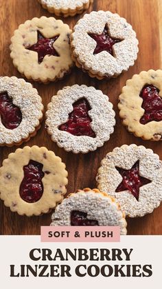 cranberry linzer cookies on a wooden table with the words soft and flush