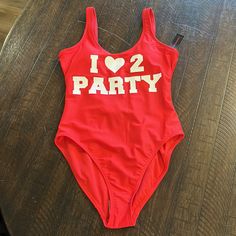 Nwt Red "I 2 Party" One Piece Swimsuit. Sz Small Still Has Hygienic Liner. Never Been Worn, Only Tried On For Photos Red Bodysuit For Beach Season Parties, Red Party Bodysuit For Beach Season, Casual Red Swimwear For Party, Casual Red Party Swimwear, One Peice Bathing Suits, Yellow Bathing Suit, Yellow One Piece, Blue One Piece Swimsuit, Pink One Piece