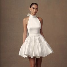 This Dress Would Be Perfect For Any Wedding Or Engagement Event! It’s Stunning And Made So Well. Be Sure To Read The Size Guide Attached. Never Worn, Only Tried On! Short Fall Wedding Dress, Bubble Wedding Dress, Fun Reception Dress, White Ballerina Dress, Short White Wedding Dress, White Reception Dress, White Club Dress, High Neck White Dress, Engagement Event